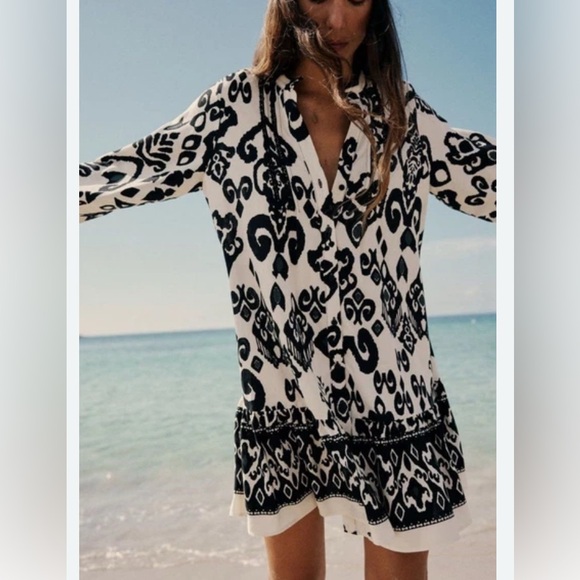 Zara Black and White Patterned V Neck mini dress size small NWT - Picture 1 of 13